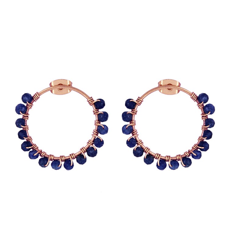 Roundel Beads Shape Sapphire Gemstone 925 Silver Gold Plated Hoop Earrings