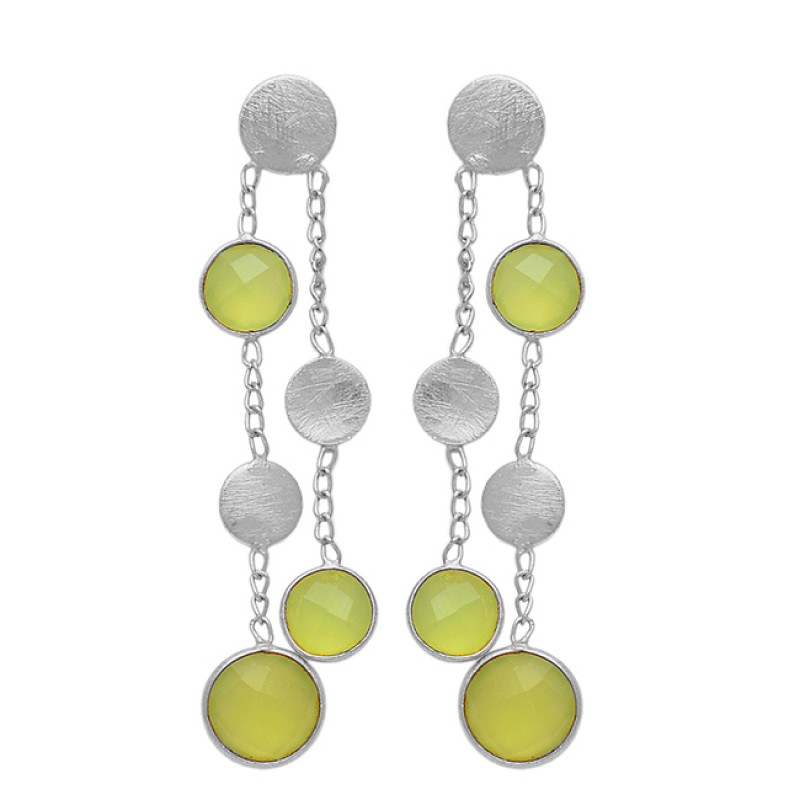  Hanging Chain Bezel Setting Round Shape Gemstone 925 Sterling Silver Gold Plated Stud Earrings 