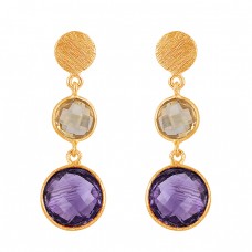 Citrine Amethyst Gemstone 925 Sterling Silver Gold Plated Stud Dangle Earrings
