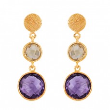 Citrine Amethyst Gemstone 925 Sterling Silver Gold Plated Stud Dangle Earrings