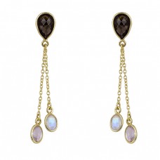 Smoky Quartz Moonstone 925 Sterling Silver Gold Plated Stud Chain Earrings