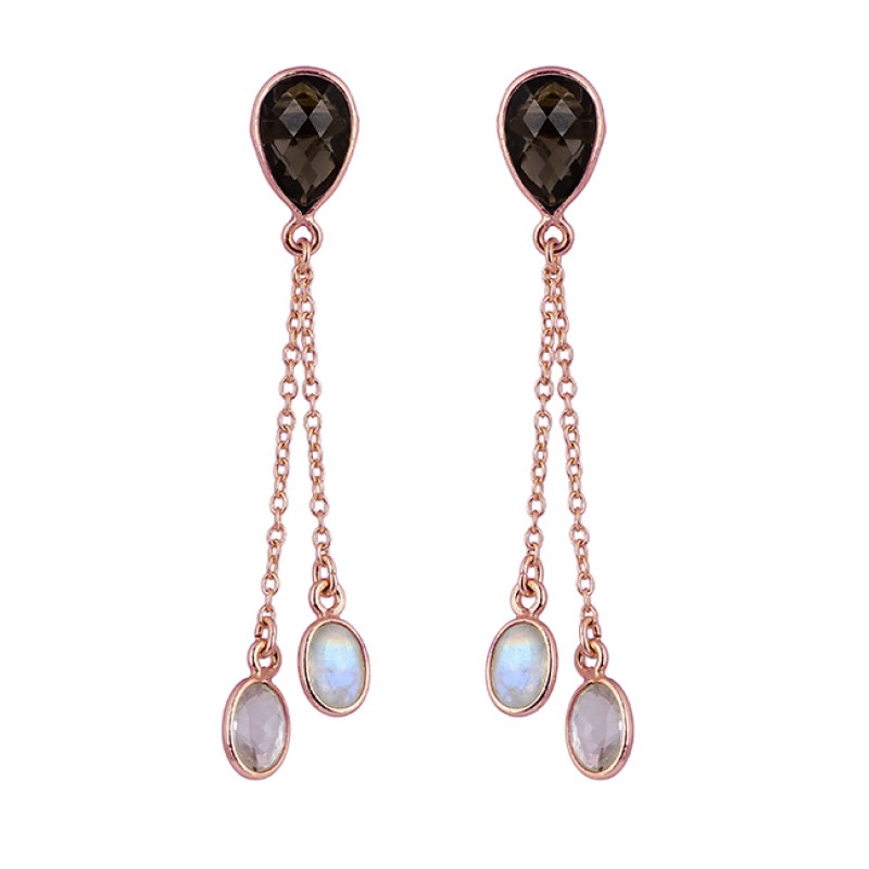 Smoky Quartz Moonstone 925 Sterling Silver Gold Plated Stud Chain Earrings