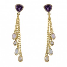 Amethyst Moonstone Citrine Crystal Gemstone Gold Plated Chain Dangle Earrings