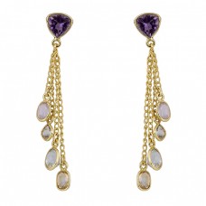 Amethyst Moonstone Citrine Crystal Gemstone Gold Plated Chain Dangle Earrings