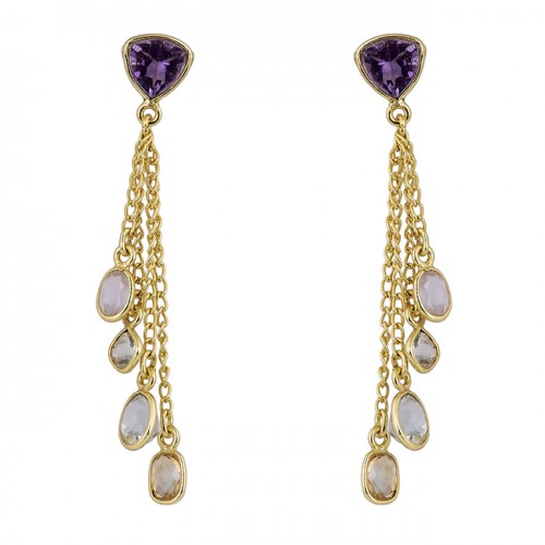 Amethyst Moonstone Citrine Crystal Gemstone Gold Plated Chain Dangle Earrings