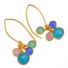 Bezel Setting Briolette Round Chalcedony Gemstone 925 Gold Plated Hoop Earrings