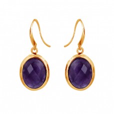 Oval Shape Amethyst Gemstone 925 Sterling Silver Bezel Setting Earrings