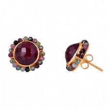 Ruby Tourmaline Gemstone 925 Sterling Silver Handmade Stud Earrings