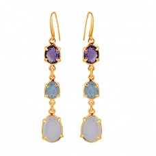 Amethyst Aquamarine Moonstone 925 Sterling Silver Prong Setting Earrings : Price $14.50
