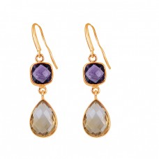 925 Sterling Silver Amethyst Citrine Gemstone Bezel Setting Dangle Earrings