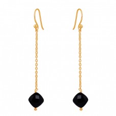 Black Onyx Cushion Shape Gemstone 925 Sterling Silver Chain Dangle Earrings