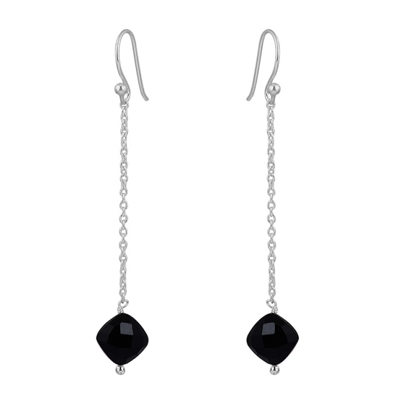 Black Onyx Cushion Shape Gemstone 925 Sterling Silver Chain Dangle Earrings