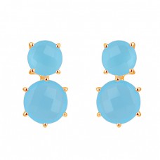 Round Shape Aqua Chalcedony Gemstone 925 Sterling Silver Stud Earrings