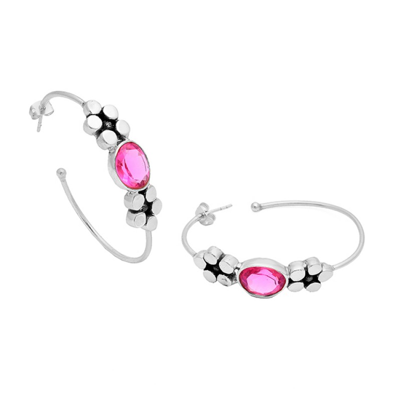 Pink Quartz Oval Shape Gemstone 925 Sterling Silver Gold Plated Hoop Earrings