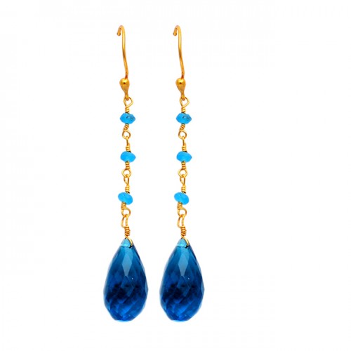 Dangling Blue Quartz Pear Drops Roundel Beads Gemstone Gold Plated Handmade Earrings