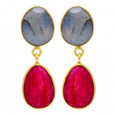 Ruby Labradorite Oval Shape Gemstone 925 Sterling Silver Gold Plated Earrings