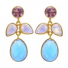 Amethyst Moonstone Chalcedony 925 Sterling Silver Gold Plated Stud Earrings