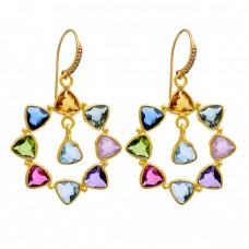 Triangle Shape Multi Color Gemstone 925 Sterling Silver Gold Plated Earrings