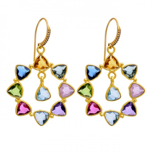 Triangle Shape Multi Color Gemstone 925 Sterling Silver Gold Plated Earrings