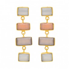 Rectangle Shape Moonstone 925 Sterling Silver Gold Plated Stud Dangle Earrings
