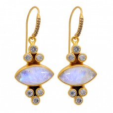 925 Sterling Silver Rainbow Moonstone Cz Gold Plated Dangle Earrings 