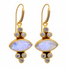 925 Sterling Silver Rainbow Moonstone Cz Gold Plated Dangle Earrings 