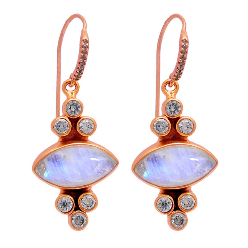 925 Sterling Silver Rainbow Moonstone Cz Gold Plated Dangle Earrings 