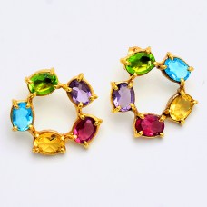 Oval Shape Multi Color Gemstone 925 Sterling Silver Gold Plated Stud Earrings