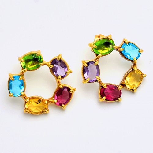 Oval Shape Multi Color Gemstone 925 Sterling Silver Gold Plated Stud Earrings