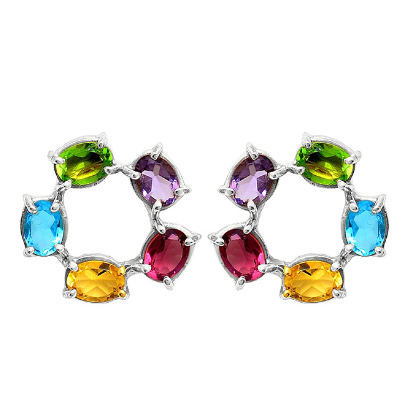 Oval Shape Multi Color Gemstone 925 Sterling Silver Gold Plated Stud Earrings