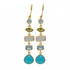 Heart Shape Rectangle Marquise Round Shape Gemstone 925 Sterling Silver Gold Plated Dangle Earrings 