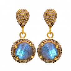Labradorite Pave Cz Gemstone 925 Sterling Silver Gold Plated Stud Dangle Earrings