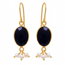 Black Onyx Pearl Gemstone 925 Sterling Silver Gold Plated Dangle Earrings