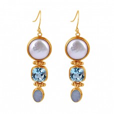 Pearl Blue Topaz Moonstone 925 Sterling Silver Handmade Dangle Earrings