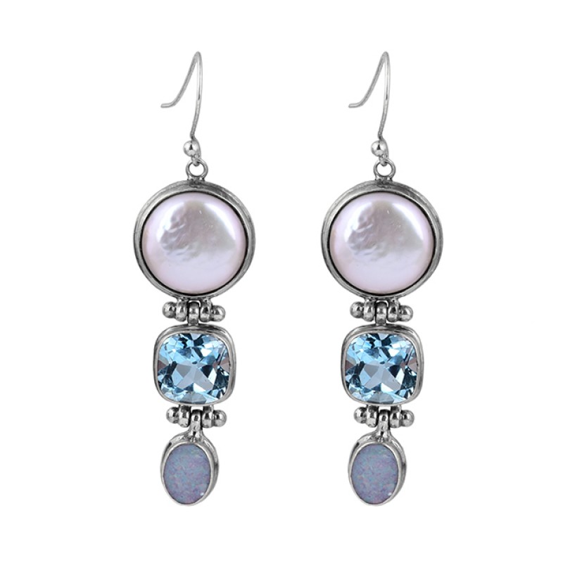 Pearl Blue Topaz Moonstone 925 Sterling Silver Handmade Dangle Earrings