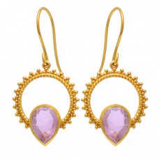 Pear Shape Pink Quartz Gemstone 925 Sterling Silver Gold Plated Dangle Earrings