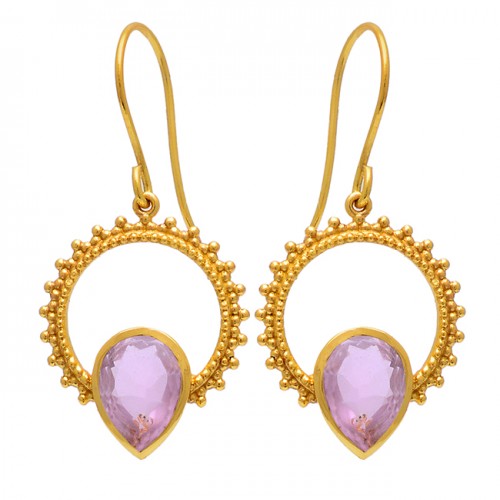 Pear Shape Pink Quartz Gemstone 925 Sterling Silver Gold Plated Dangle Earrings