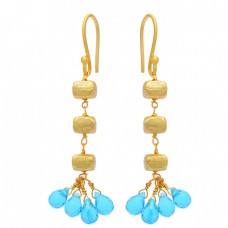 Pear Drops Shape Blue Topaz Gemstone 925 Sterling Silver Gold Plated Earrings