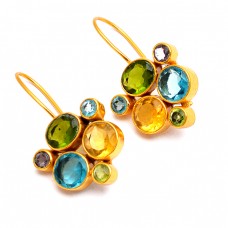 Citrine Peridot Amethyst Blue Topaz Gemstone 925 Sterling Silver Gold Plated Fixed Ear Wire Earrings 