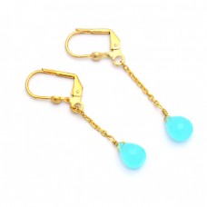 Pear Drops Shape Aqua Chalcedony Gemstone 925 Silver Gold Plated Earrings