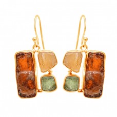 Hessonite Citrine Green Amethyst Rough Gemstone 925 Sterling Silver Earrings