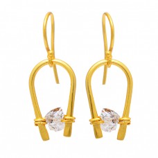 Herkimer Diamond Rough Gemstone 925 Sterling Silver Gold Plated Earrings