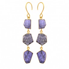 Slice Shape Iolite Gemstone 925 Sterling Silver Gold Plated Dangle Earrings