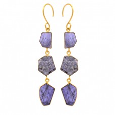 Slice Shape Iolite Gemstone 925 Sterling Silver Gold Plated Dangle Earrings