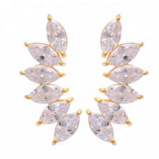 Marquise Shape Crystal Quartz Gemstone 925 Silver Gold Plated Stud Earrings