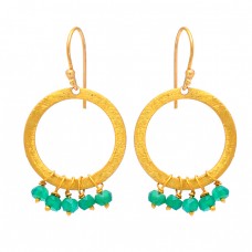 Roundel Beads Shape Green Onyx Gemstone 925 Silver Gold Plated Earrings