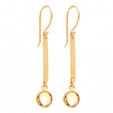 Round Shape Citrine Gemstone 925 Sterling Silver Gold Plated Dangle Earrings