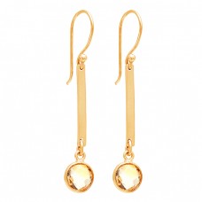 Round Shape Citrine Gemstone 925 Sterling Silver Gold Plated Dangle Earrings