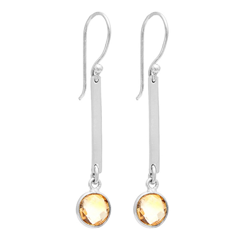 Round Shape Citrine Gemstone 925 Sterling Silver Gold Plated Dangle Earrings