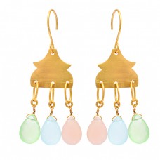 Pear Drops Shape Chalcedony Gemstone 925 Sterling Silver Gold Plated Earrings